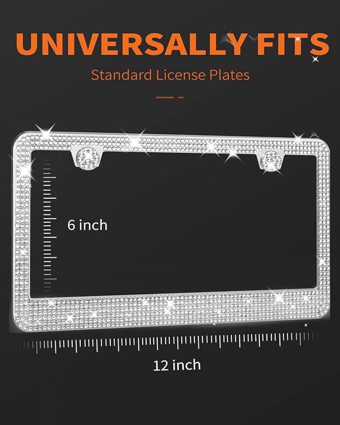 HOTOR License Plate Frame - Lastingly Bling and Sparkly License Plate Frame for Women, Stainless Steel & Obstruction-Free Frame with Multifaceted Rhinestones, White, 2 Pack