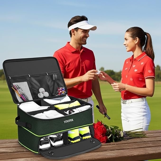 YOREPEK Golf Gifts for Men, 2 Layer Golf Trunk Organizer for 2 Pair Shoes | Waterproof Car Trunk Locker with Separate Ventilated Compartment for Balls, Tees, Clothes, Gloves, Birthday Gifts for Golfers