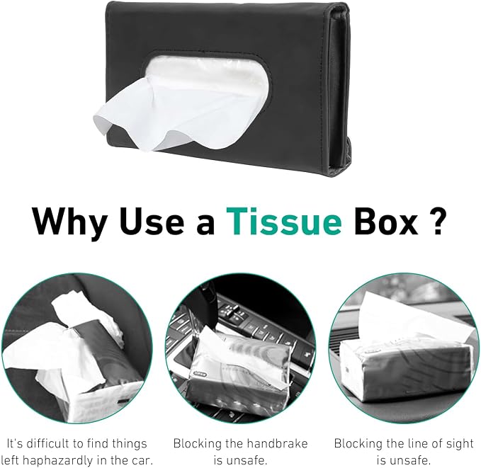 Car Tissue Holder, Premium PU Leather Sun Visor Napkin Holder, Universal Sun Visor Mount Tissue Box for SUV Truck Vehicle Interior, Easy to Use (Black)