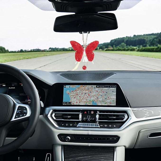 JOYCOURT Bling Butterfly Diamond Car Hanging Accessories for Women, Red | Crystal Butterfly Rear View Mirror Luck Car Decoration Accessories, Valentine's Day Presents Ornament Pendant for All Cars