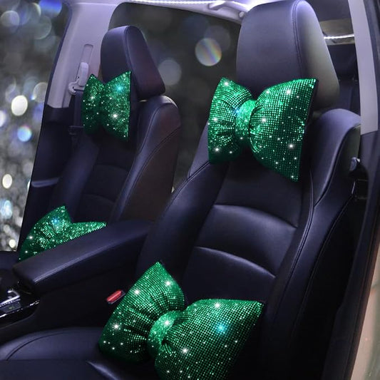 Bling Car Pillows Rhinestones Bowknot Neck Cushion Pillowsdiamond-Studded Headrest Accessories for Women Colourful Rhinestone Car Accessories Green 2Pcs