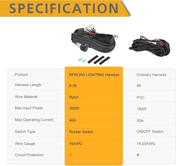 Wiring Harness 1 Lead, Rfroad Lighting Heavy Duty 12V Rocker Switch Nylon Wiring Harness Kit for Led Work Light Bar Fog Lights Driving Lights Offroad LED Pods for Truck UTV ATV Boat