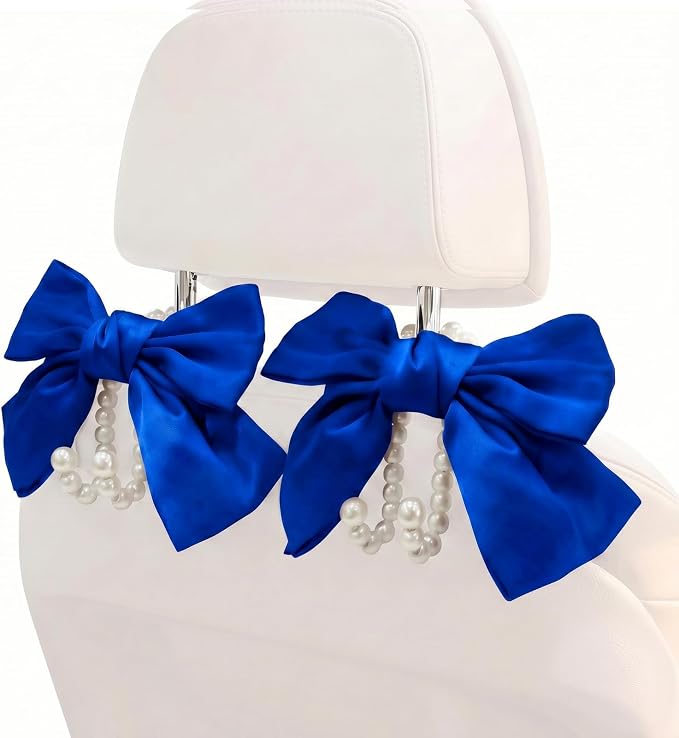 2PCS Satin Bow Pearl Car Seat Headrest Hooks – Car Bag Holder & Vehicle Hanger for Purses – Cute Coquette Aesthetic Interior Decoration – Cute Auto Organizer Accessories Universal (Deep Blue)