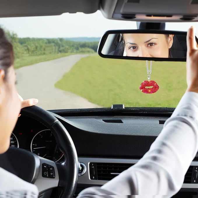 Bittwee Bling Lip Diamond Car Hanging, Crystal Rinestones Auto Rear View Mirror Charms Ornament, Lucky Vehicle Interior Pendant Decoration Accessories, Universal for SUV Sedan Truck(Red)