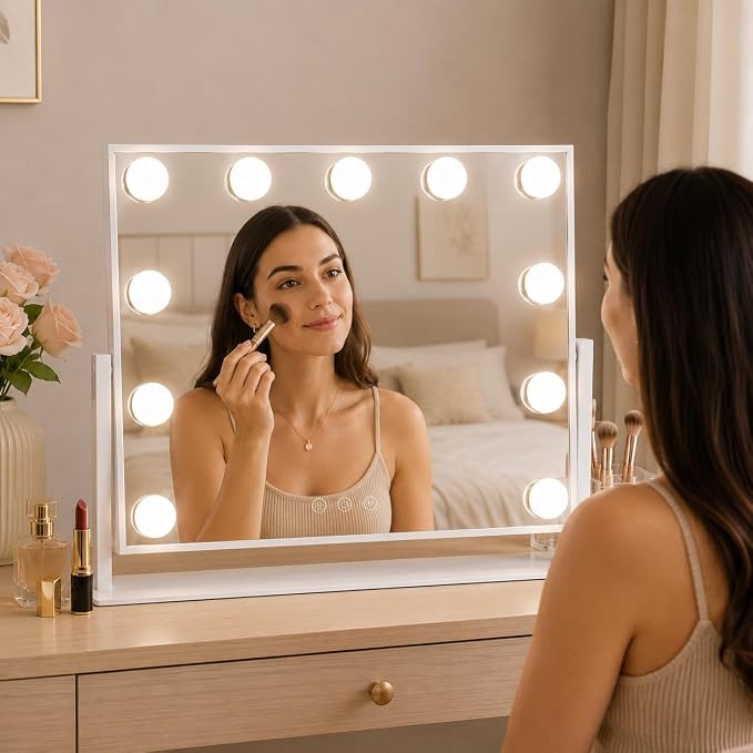 FENNIO Horizontal Hollywood Vanity Mirror with Lights, 17" x 13" Lighted Makeup Mirror with 11 Dimmable LED Bulbs, 3 Color Lights, Touch Control, Tabletop Vanity Mirror for Makeup Desk, White