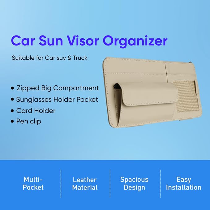 Car Visor Organizer, Multi-Pocket Sunvisor Storage with Sunglass Holder, Document Holder and Visor Card Clip, Fit for AUTO SUV & Truck, Leather Car Accessories Interior (Grey)
