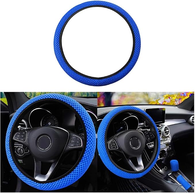 Elastic Stretch Steering Wheel Cover, Universal 15 Inch Automotive Steering Wheel Cover, Microfiber Breathable Ice Silk, Anti-Slip, Odorless, Easy Carry,Warm in Winter and Cool in Summer (Blue)
