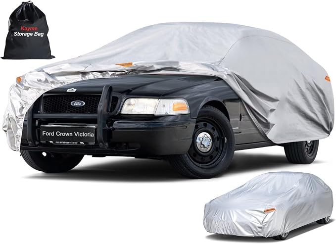 Kayme 6 Layers Sedan Car Cover Custom Fit for Ford Crown Victoria (1992-2012), Waterproof All Weather for Automobiles,Rain Sun UV Protection.Silver