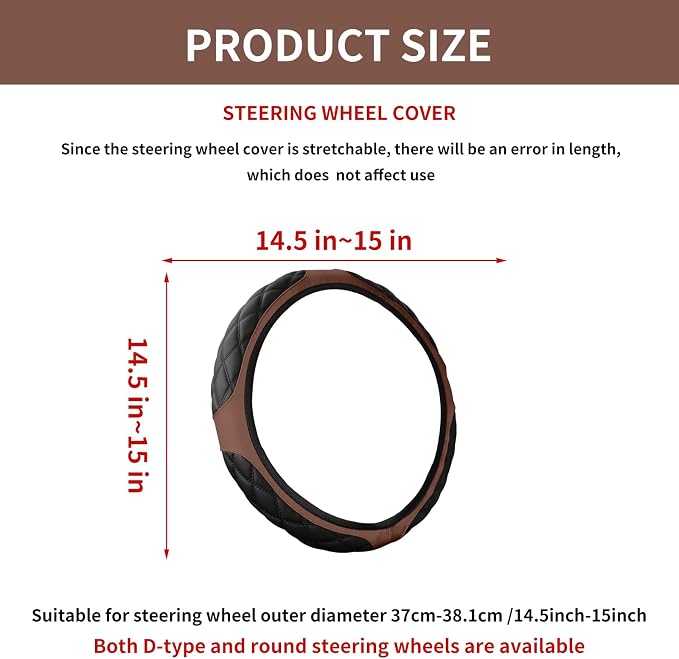 15 Inch Leather Steering Wheel Cover, Automotive Accessories Breathable Anti-Slip Elastic Soft Wheel Protector, Fit for Most SUVs Trucks and RVs (Coffee)