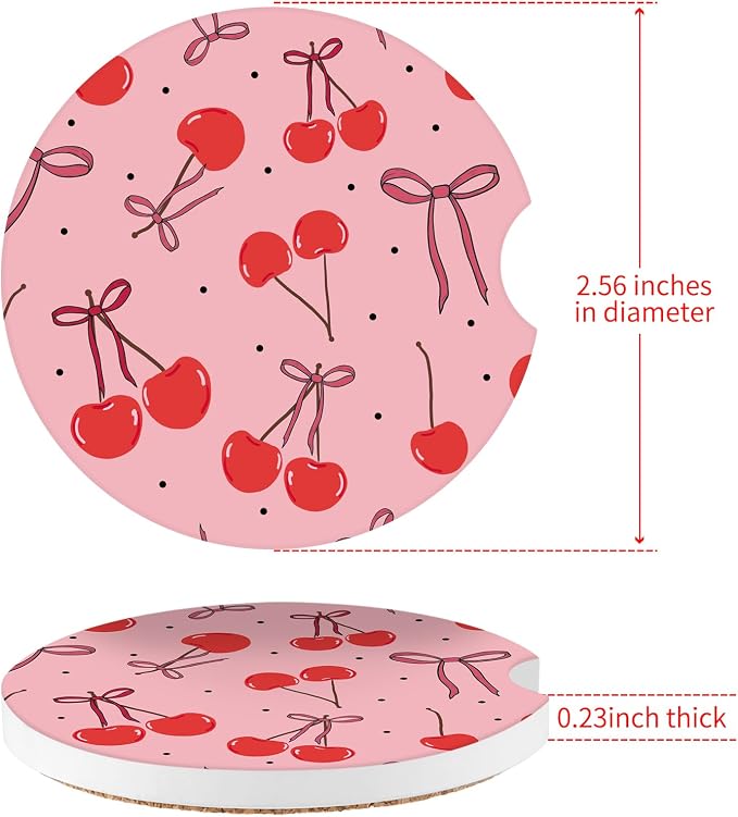 Cute Cherry Car Coasters,Absorbent 2 Pack for Cup Holders with Finger Notch,2.56 inches Ceramics Heat Resistant Anti Slip Cork Base Car Drinks Coasters Auto Cup Holder