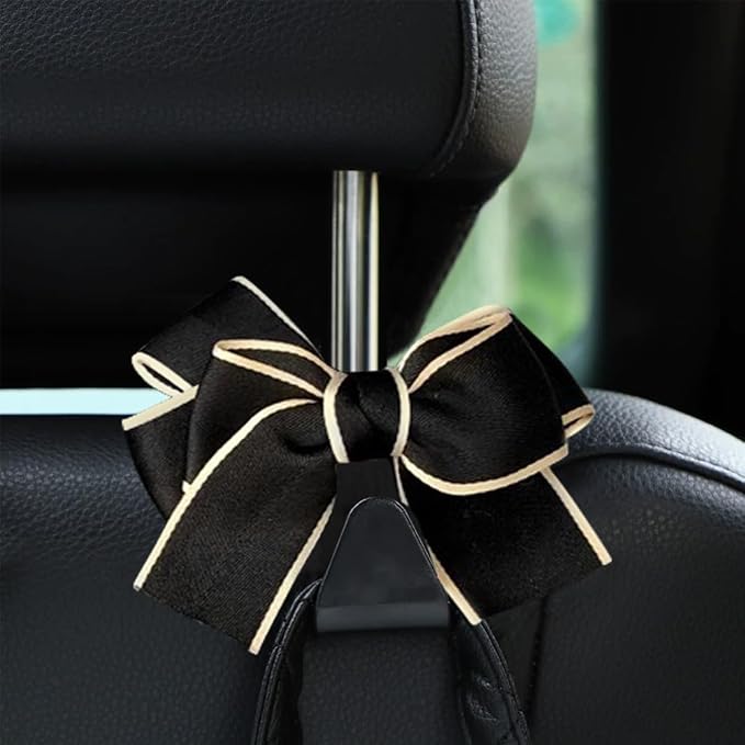 Mandark 2PCS Car Seat Headrest Hooks, Cute Bow Vehicle Hooks for Purses and Bags, Automotive Purse Hook Hanger Interior Decoration Accessories, Universal for SUV, Sedan, Truck (White Line)