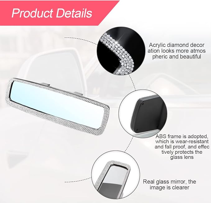 Bling Car Rear View Mirror, Rhinestones Crystal Clip-on Rearview Mirror with HD Glass, Compatible with Most Cars, SUVs, Vehicles, Auto Interior Accessories for Women Girl (White)