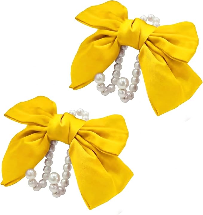 2 PCS Bow Pearl Car Seat Headrest Hook – Cute Purse Hook for Car, Girly Interior Decoration Accessories Hook Hanger, Seatback Holder for Purses & Bags, Elegant Car Organizer (Sunshine Yellow)