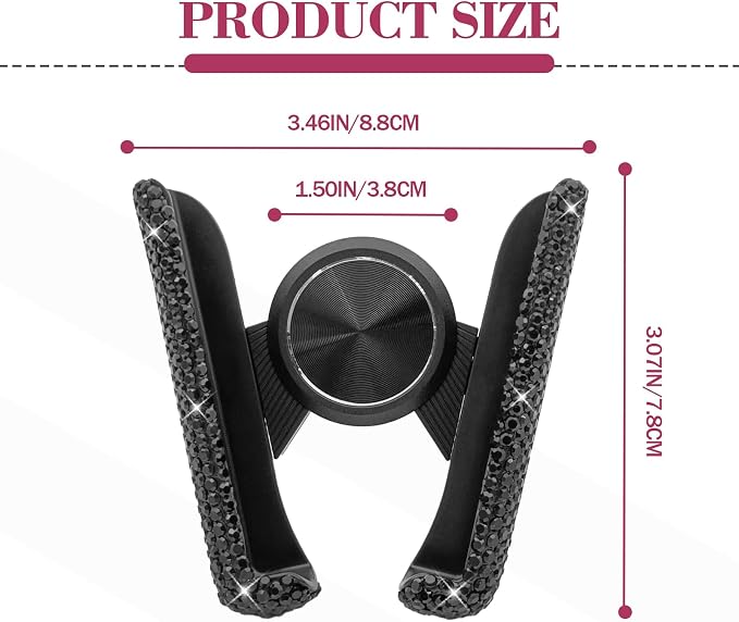 Bling Rhinestone Car Phone Holder, Mini Universal 360° Adjustable Auto Mount For Dash & Air Vent, Crystal Car Accessories For Women & Girls (Black)