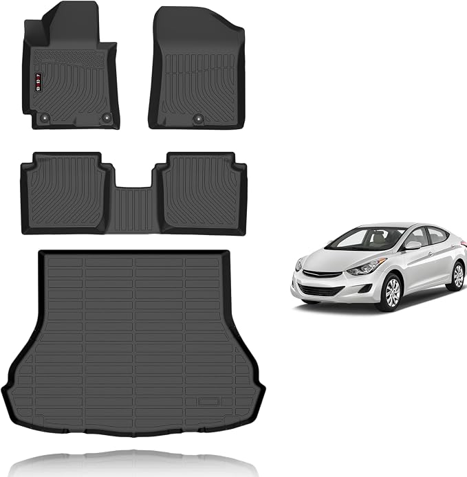 KELCSEECS® Floor Mats for Hyundai Elantra 2011-2016(Not for GT & Touring) | TPE all-weather full set w/ cargo liner, anti-slip, odorless, custom fit 2011-2016 Elantra, for commute, trips & outdoor