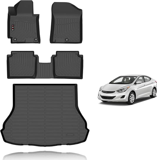 KELCSEECS® Floor Mats for Hyundai Elantra 2011-2016(Not for GT & Touring) | TPE all-weather full set w/ cargo liner, anti-slip, odorless, custom fit 2011-2016 Elantra, for commute, trips & outdoor