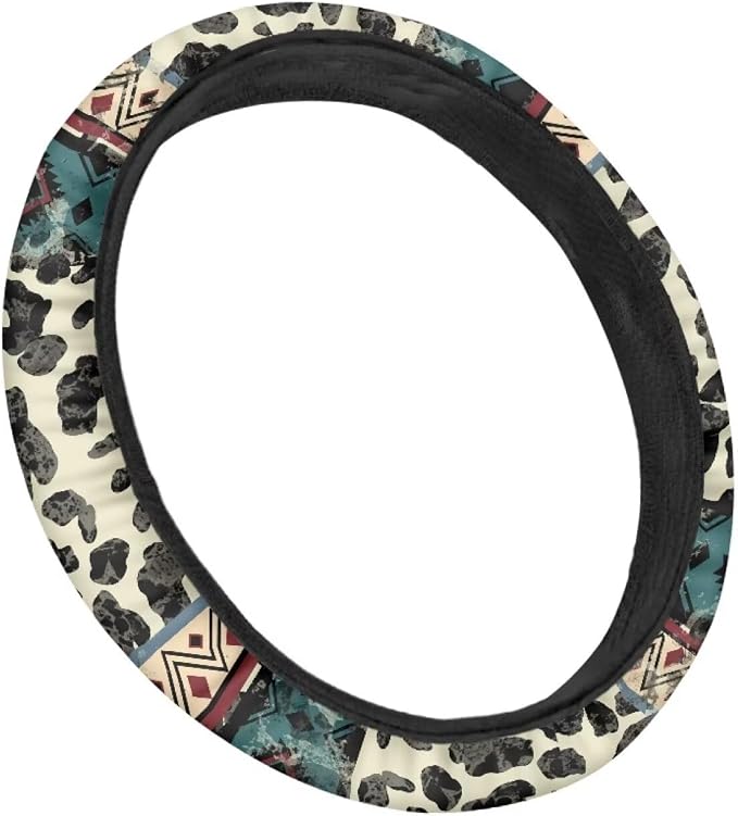 Wanyint Aztec Cow Print Beige Auto Steering Wheel Cover Universal 15 Inch Diameter Anti-Slip Neoprene Car Steering Wheel Protector for Women Men