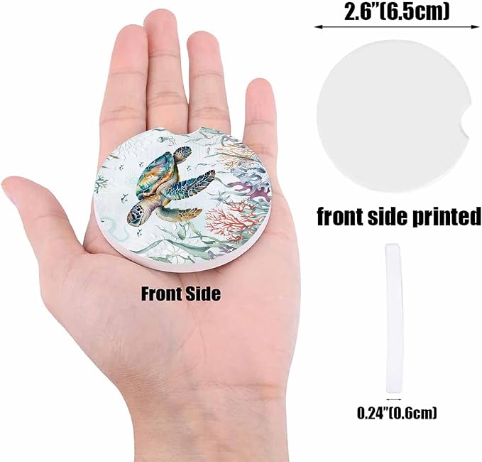 Small Coasters for Cup Holders 2.6" Dia Absorbent Set of 2 Car Interior Accessories for Women Men Summer Ocean Sea Turtle Ceramic Coaster for Drinks With Finger Grooves