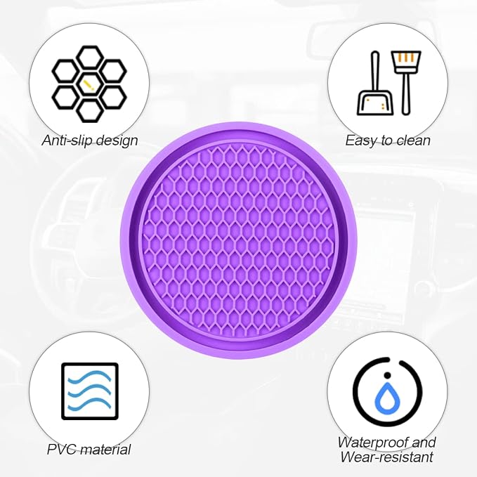 XINLIYA Car Cup Holder Coaster, 4 Pack 2.75 Inch Diameter Non-Slip Universal Insert Coaster, Durable, Suitable for Most Car Interior, Accessory for Women and Men (Purple)