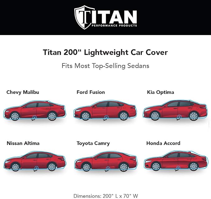 Titan Jet Black Poly 210T Car Cover for Sedans 186-202". Waterproof, UV Protection, Scratch Resistant, Driver-Side Zippered Opening. Fits Camry, Accord and More.