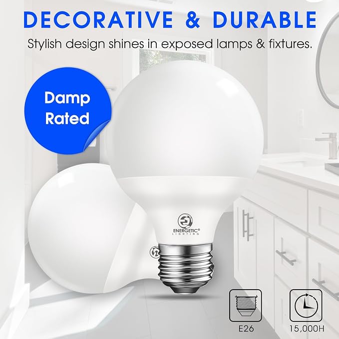 Energetic Vanity Globe Light Bulbs G25 LED for Bathroom Mirror Living Area, 2700K Soft White, Dimmable 600 Lumens, 6W, E26 Base, Round Frosted Classic Ambient Decorative Bulb, ETL Listed, 4-Pack