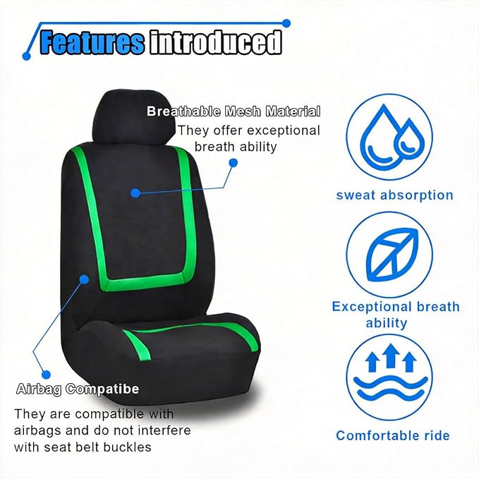 LAINLOY 2 Pack Car Seat Covers, Breathable Seat Protectors, Anti-Slip Driver Seat Cover, Comfortable Front Seat Cover Set Universal Fit for Truck, SUV, Sedan, Airbag Compatible (Black&Green)