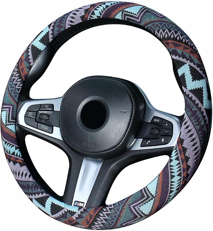 Ethnic Style Coarse Flax Cloth Automotive Steering Wheel Cover Anti Slip and Sweat Absorption Auto Car Wrap Cover (M, 14.5''-15'')