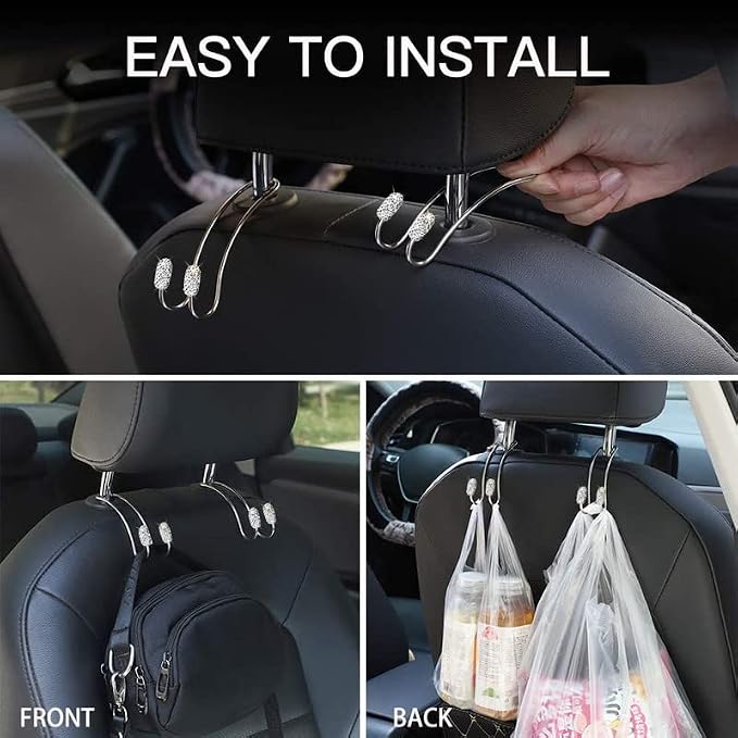 Guoord 【2026 Upgraded】 Car Headrest Hook Decorations, 2 Pcs Bling Purse Hook Hangers, Stainless Hooks Car Hangers and Durable Backseat Holder, Storage Universal for SUV Truck Vehicle(White)