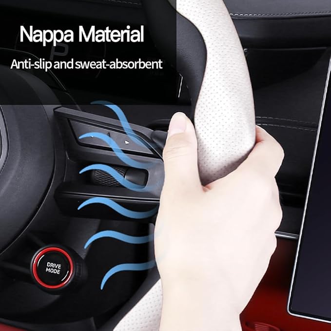 Car Steering Wheel Cover, O/D Shape, Nappa Leather, Segmented, Anti-Slip, Odorless, Breathable, for Men & Women, 14-15inch (White)