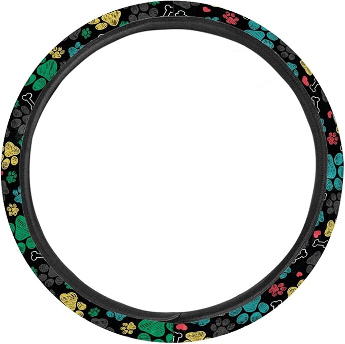 AFPANQZ Puppy Paws Print Steering Wheel Protection Stretch-on Fabric Machine Washable Women Men Neoprene Automotive Steering Wheel Covers Sweat Absorption Comfort Grip for Driver Black Colorful