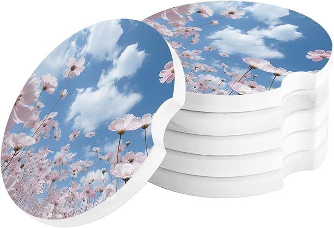 Small Coasters for Cup Holders 2.6" Dia Absorbent Set of 4 Car Interior Accessories for Women Men Ceramic Coaster for Drinks With Finger Grooves, Blue Sky Clouds Pink Flowers