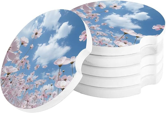 Small Car Coasters for Cup Holders 2.6" Dia Absorbent Coasters Set of 6 Car Interior Accessories for Women Men Ceramic Car Coaster for Drinks with Finger Grooves,Blue Sky Clouds Pink Flowers
