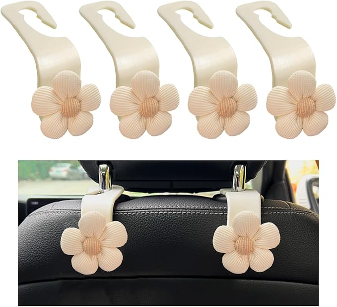4 PCS Car Seat Headrest Hooks, Cute Flower Car Seat Back Organizer Bag Holder Hooks, Automotive Seat Hook Hanger Storage Organizer for Purse Cloth Grocery Bags, Car Accessories (White)