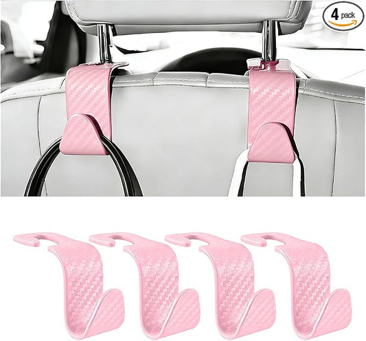 4PCS Car Seat Headrest Hook, Automotive Back Seat Storage Holder Hanger, Vehicle Interior Backseat Organizer Hanging Hook for Purse Handbag Grocery Bags, Universal Fit (Pink)