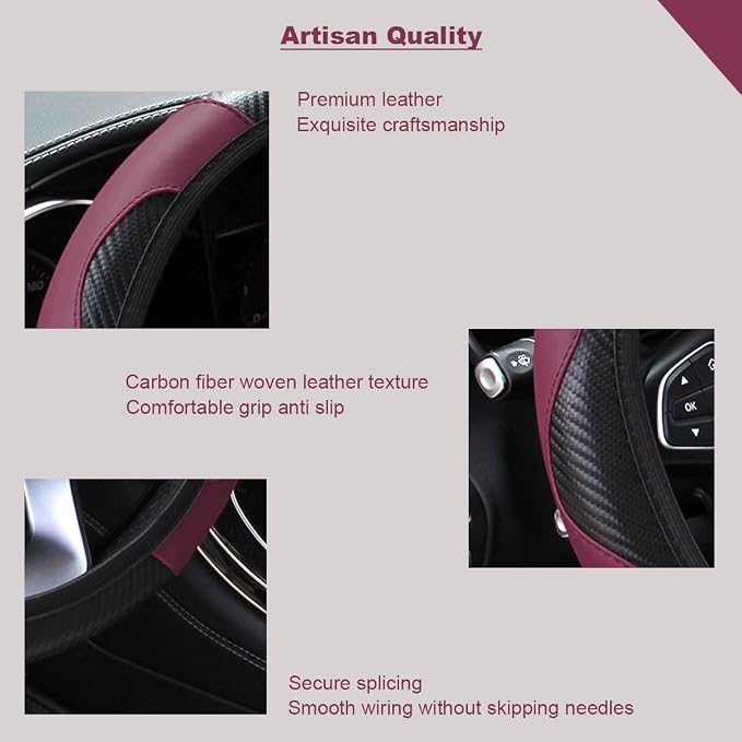 Ultra Fine Carbon Fiber Leather Steering Wheel Cover, Anti Slip and Sun Protective Protect The Steering Wheel, Easy to Install,Universal of 14.5"-15" (Wine red)