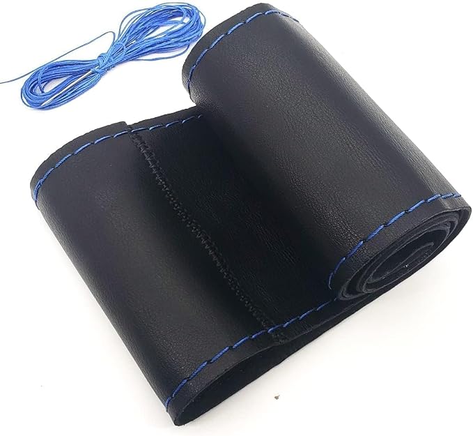 AUTOXBERT 38cm/15 Inch Leather Steering Wheel Cover Stitch On Wrap, Blue | Breathable, Anti-Slip Steering Wheel Cover for Nissan Qashqai Toyota Camry RAV4 VW Golf