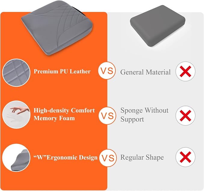kingphenix Premium Car Seat Cushion, Memory Foam Driver Seat Cushion to Improve Driving View- Coccyx & Lower Back Pain Relief - Seat Cushion for Car, Truck, Office Chair (Leather Gray)