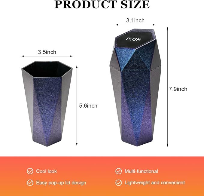 Car Trash Can with Lid, Diamond Design Leakproof Vehicle Cup Holder Garbage Can, Waterproof Trash Bin Mini Portable Garbage Organizer for Cars Homes Offices Bedrooms (Blue & Purple)