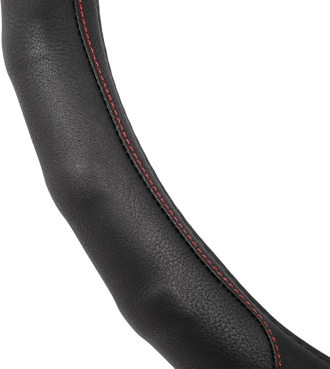 Motor Trend GripDrive Faux Black Leather Steering Wheel Cover for Car Truck Van SUV, Standard 15 inch Size, Red Accent Stitched Car Steering Wheel Cover Vehicle & Auto Accessories