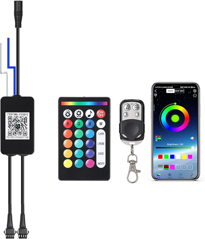 Replacement LED Controller for RGB LED Rock Lights with Brake Smart Energy-Saving Functions, 12V 4Pin Control Box with 5A Fuse for Underglow Lights Kit