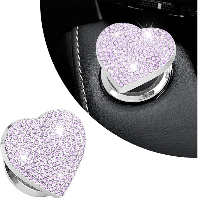 Bling Push Start Button Cover with Rhinestone,Heart Push to Start Button Cover for Car Decor,Diamond Engine Start Buttons Cover Car Accessories Interior for Women & Girl (Purple)