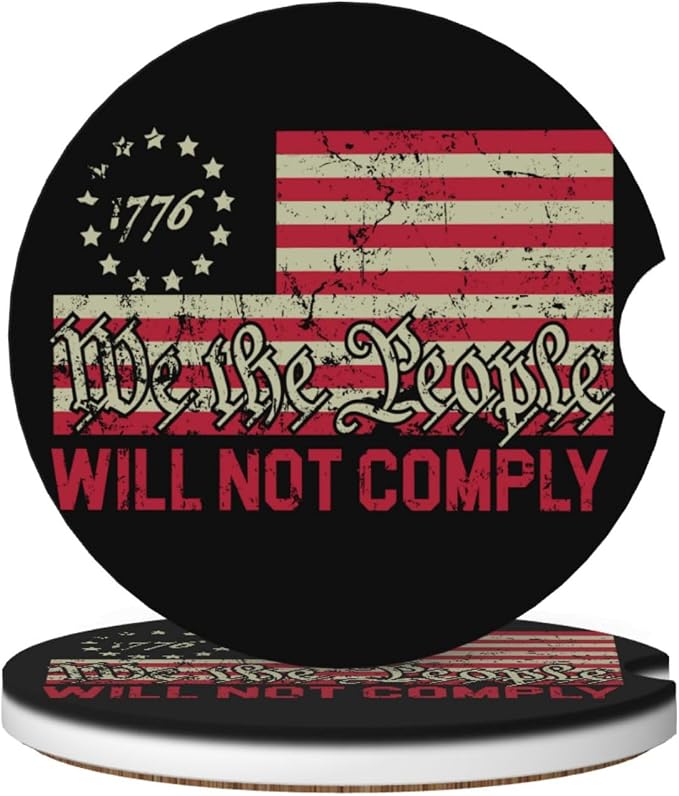 Vintage America American Flag Absorbent Ceramic Car Coasters 2 Pack Round Insert Cupholder Coaster Car Cup Holder Mat with Finger Notch Anti-Slip Cork Base Reusable Drink Coasters 2.56 in
