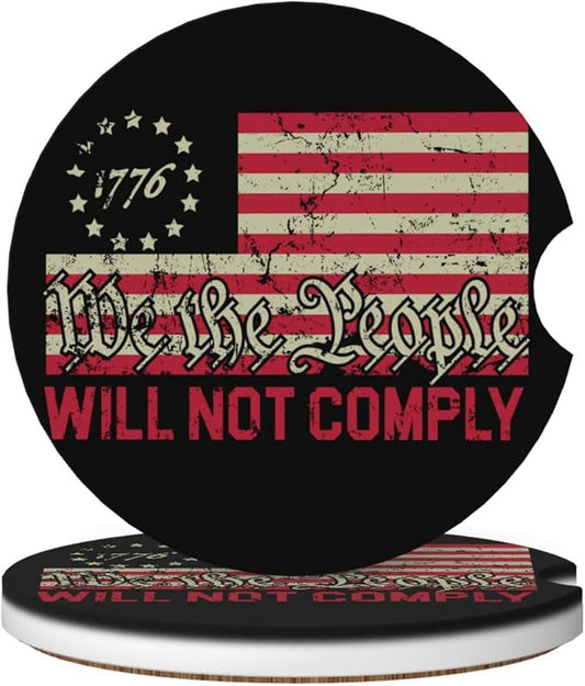 Vintage America American Flag Absorbent Ceramic Car Coasters 2 Pack Round Insert Cupholder Coaster Car Cup Holder Mat with Finger Notch Anti-Slip Cork Base Reusable Drink Coasters 2.56 in