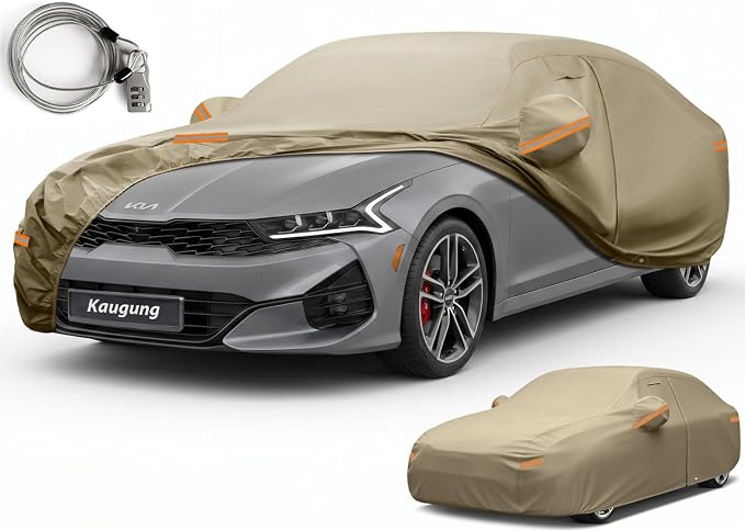 Kaugung Custom Fit Car Cover for Kia K5 (2020-2026) & Kia Optima (2000-2020), Heavy Duty All Weather Waterproof Outdoor Cover, Sun Rain UV Protection with Driver Door Zipper, Mirror Pockets & Vents