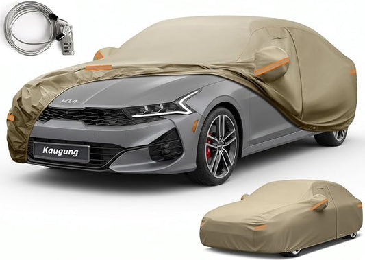 Kaugung Custom Fit Car Cover for Kia K5 (2020-2026) & Kia Optima (2000-2020), Heavy Duty All Weather Waterproof Outdoor Cover, Sun Rain UV Protection with Driver Door Zipper, Mirror Pockets & Vents