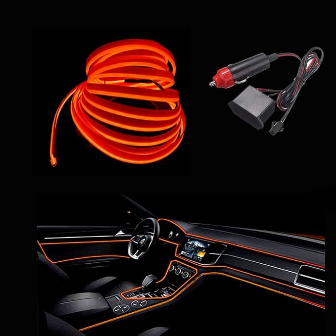 MaxLax Orange EL Wire Car Interior LED Kit - 16.4ft Flexible neon-Style Wire with 12V Fused Power Supply. Features 6mm Reinforced Edge for Easy auto Installation