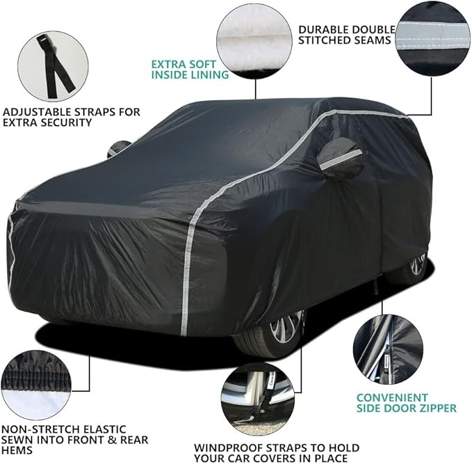 Car Cover Waterproof All Weather SUV - Coverado Black Car Cover Hail Protection with Zipper Door, Cotton Backing Snowproof UV Protection Windproof, Universal Fit for SUV (191"-205")