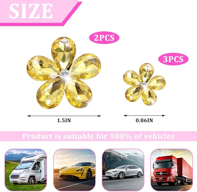 Zpana Bling Daisy Flower Car Air Vent Clips, 5PCS Sparkling Crystal Rhinestone Cute Vehicle Air Conditioning Clamp, Diamond Auto Air Outlet Clip Decor for Women Girls, Universal Fit (Golden)