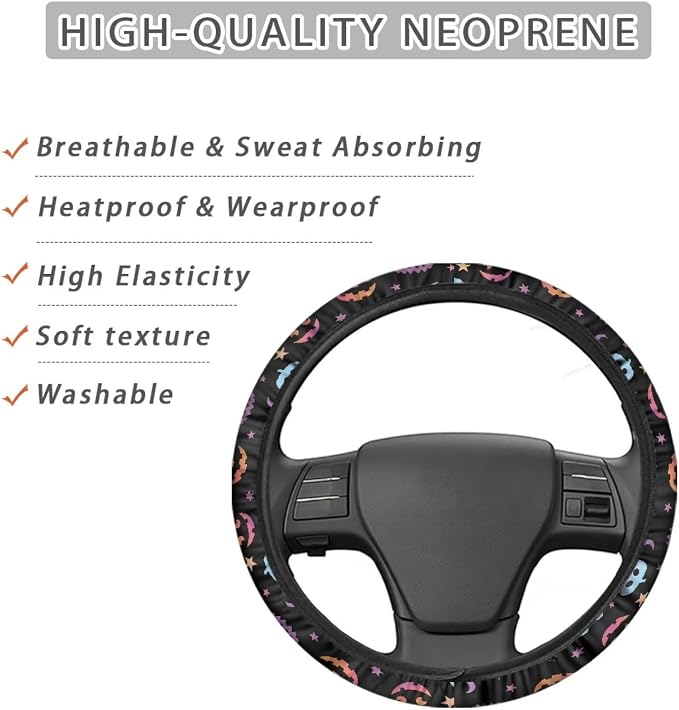 AFPANQZ Universal Automotive Steering Wheel Covers Fit 14 to 15 inch | Ghost Face Star Print, Easy Fix Machine Washable Steering Wheel Protection for All Season