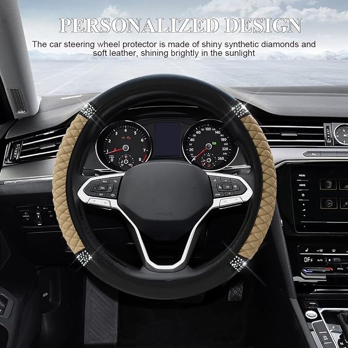 Bling Soft Leather Steering Wheel Cover, 15 Inch Colorful Rhinestones Auto Elastic Steering Wheel Protector for Women Girls, Car Accessories Anti Slip Steering Wheel Cover for Cars, SUVs (Beige)